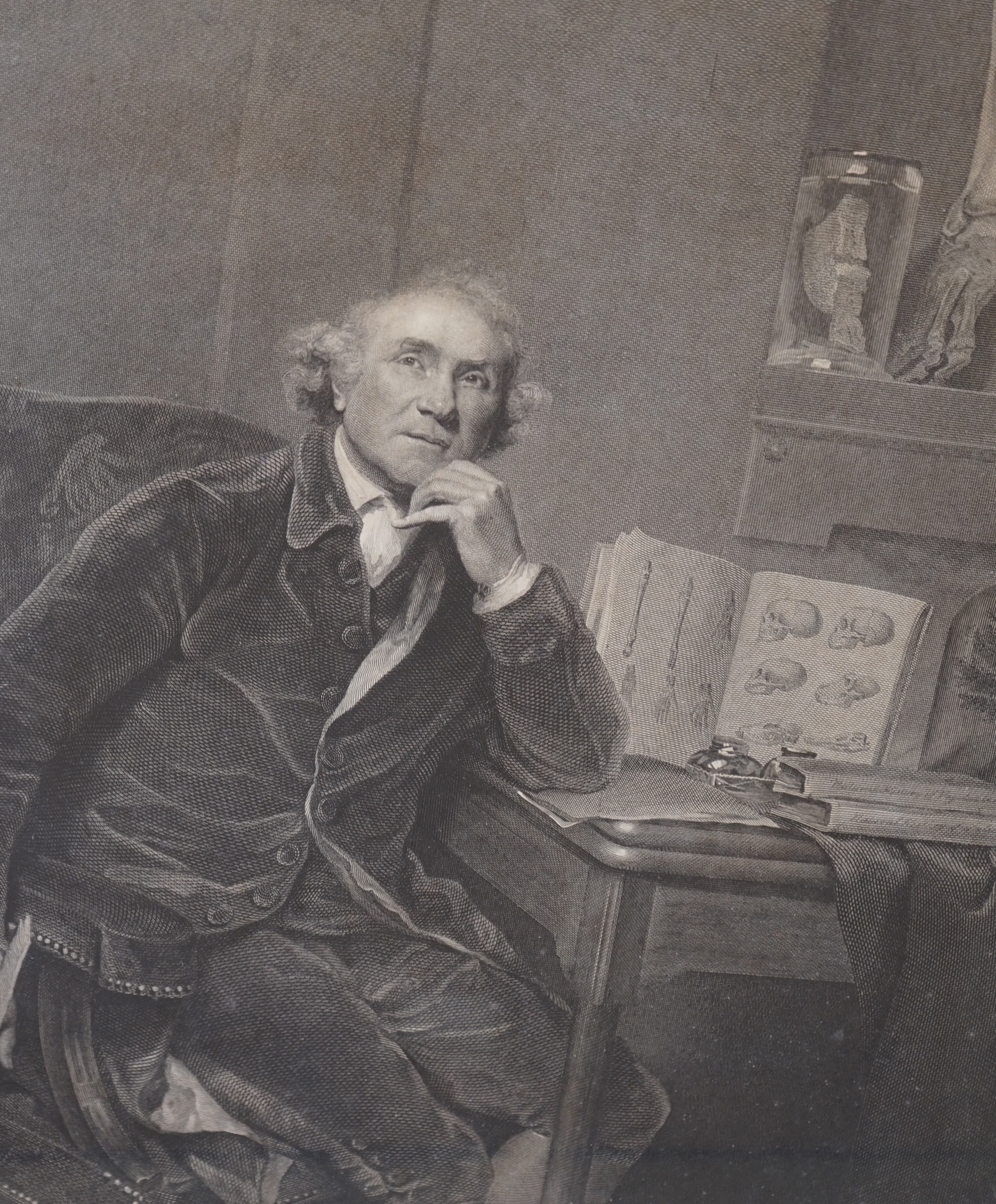 Sharp after Joshua Reynolds, engraving, Portrait of John Hunter, visible sheet 47 x 36cm. Condition - poor to fair
